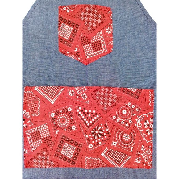 Vintage Handmade Denim Bandana Bib Apron 1970s Red 5 Pockets Handkerchief Adjust - Picture 2 of 8